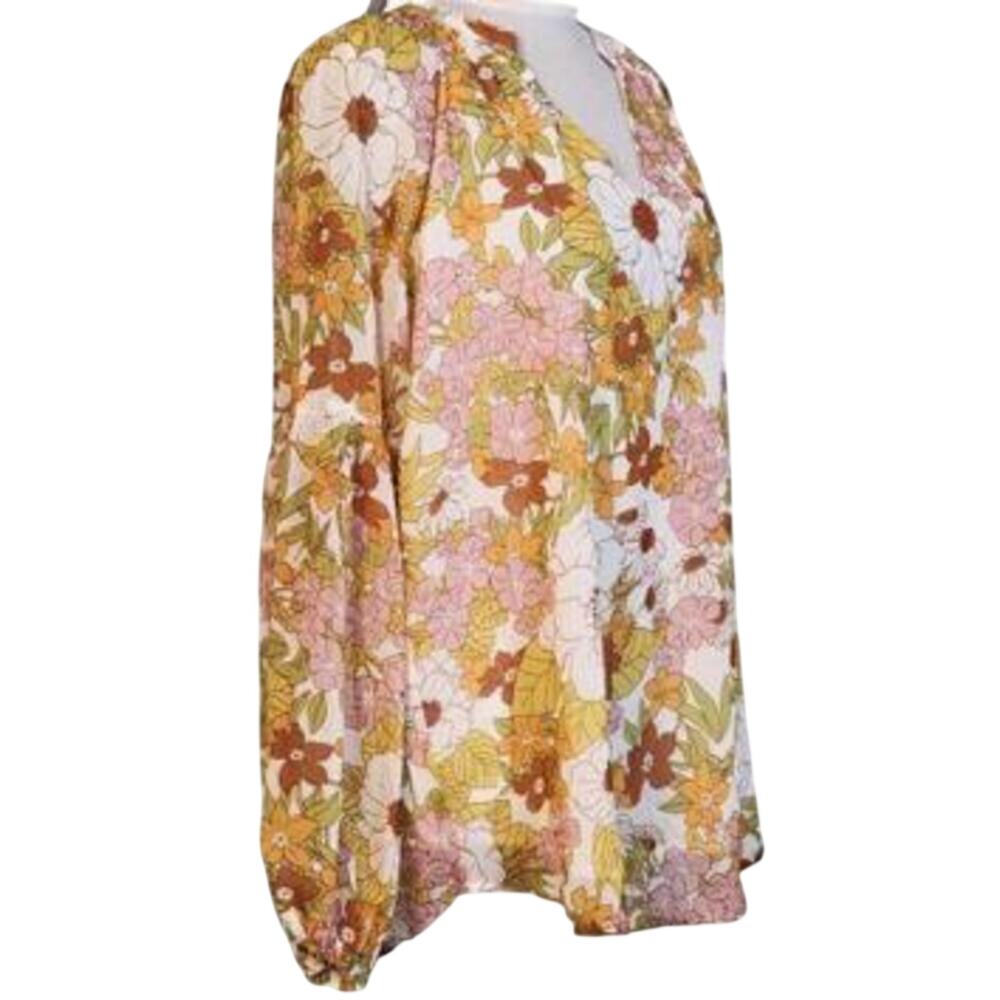 BTFBM Size Large Tan Pink Floral V Neck Long Balloon Sleeve Boho Top NWT - Picture 3 of 8